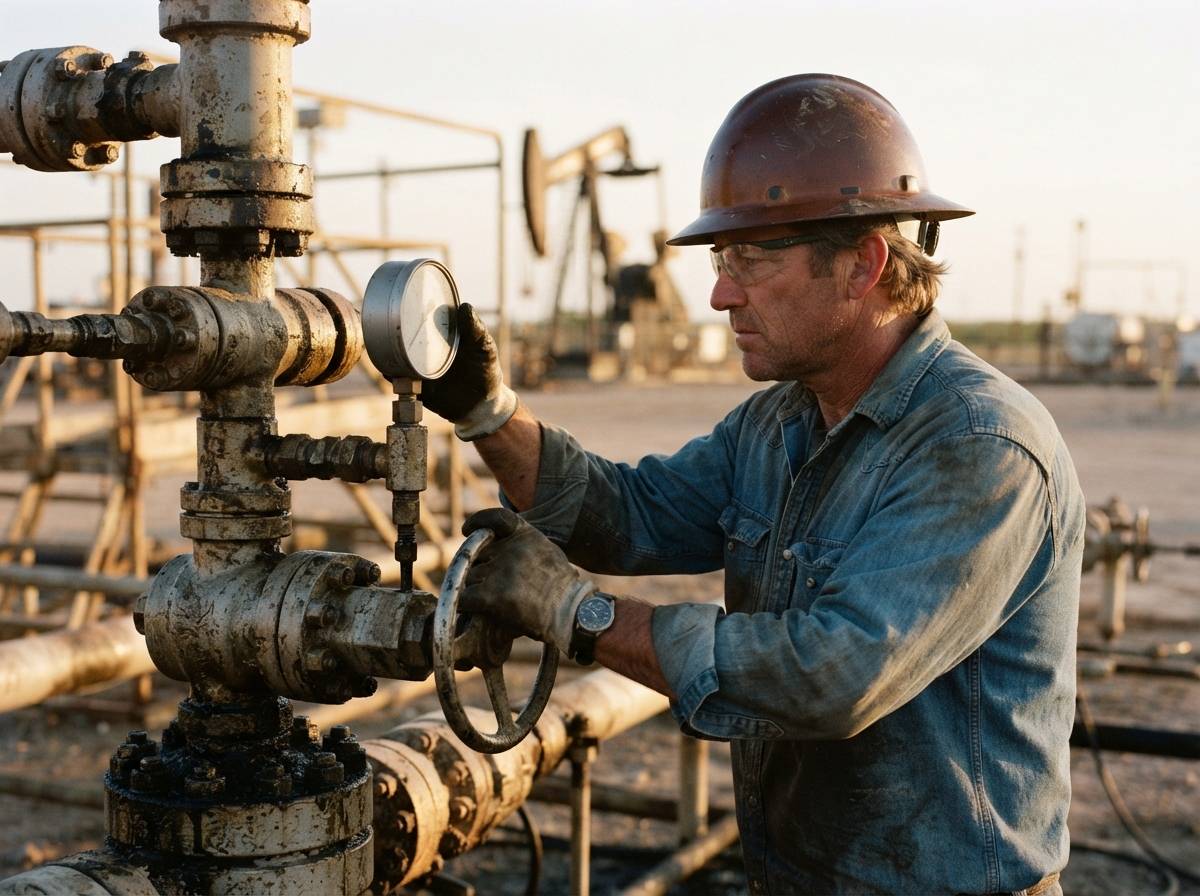 A worker in a hard hat inspects a valve gauge at an oil wellhead in early morning light.