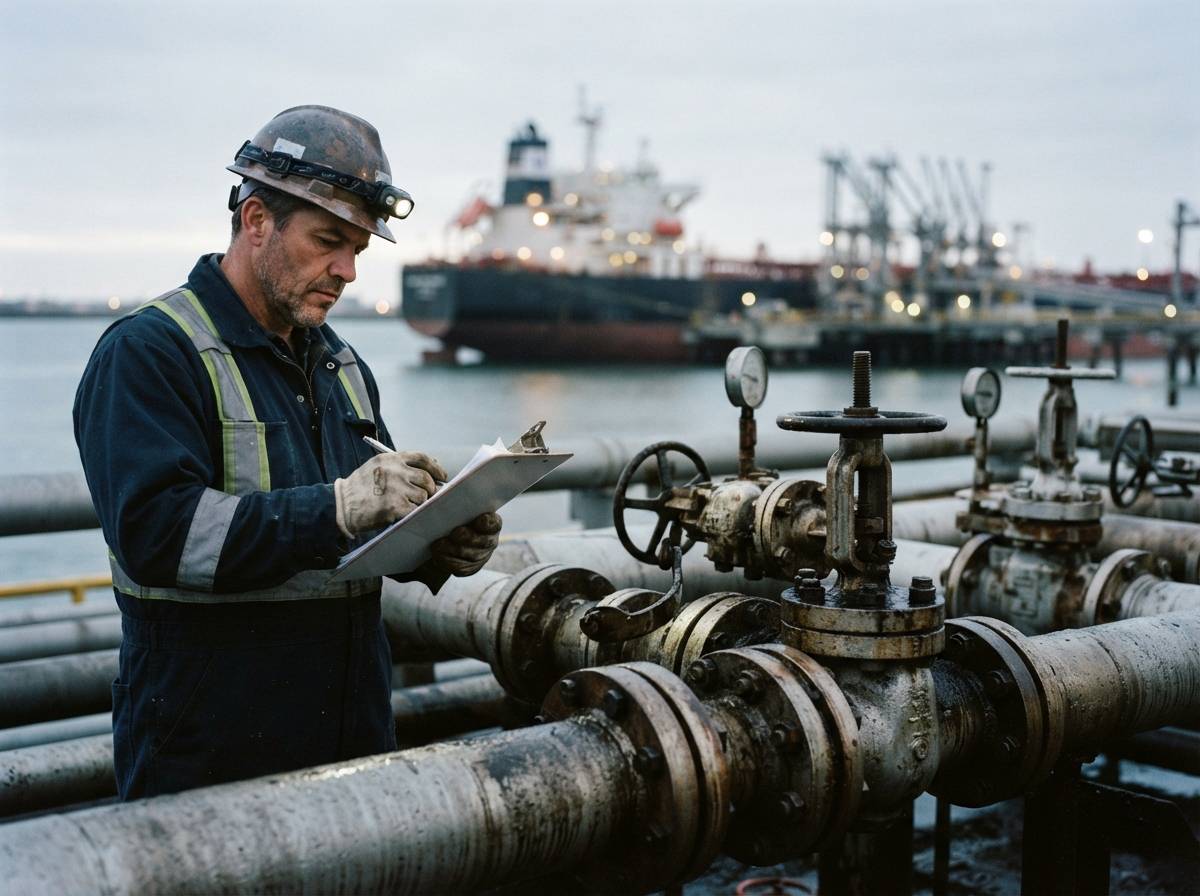 A worker inspects loading equipment at an oil export terminal in the early morning.