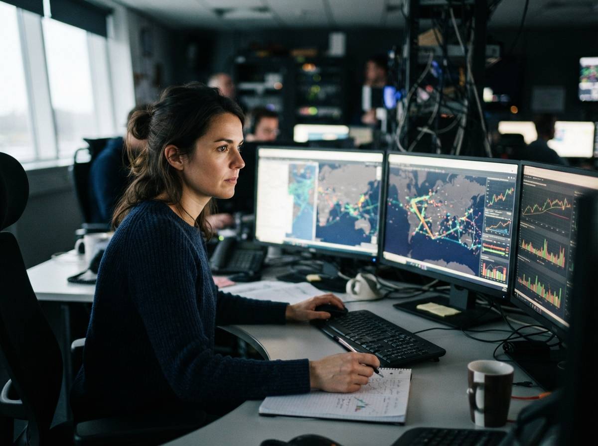 An analyst monitors shipping routes and oil price screens in a control room.