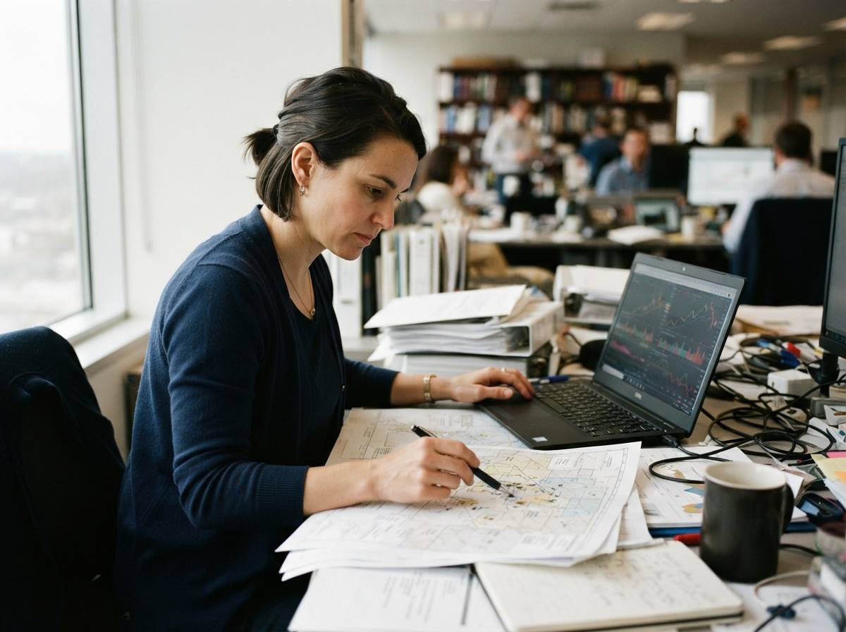 An analyst reviews lease auction paperwork and price charts at a desk.