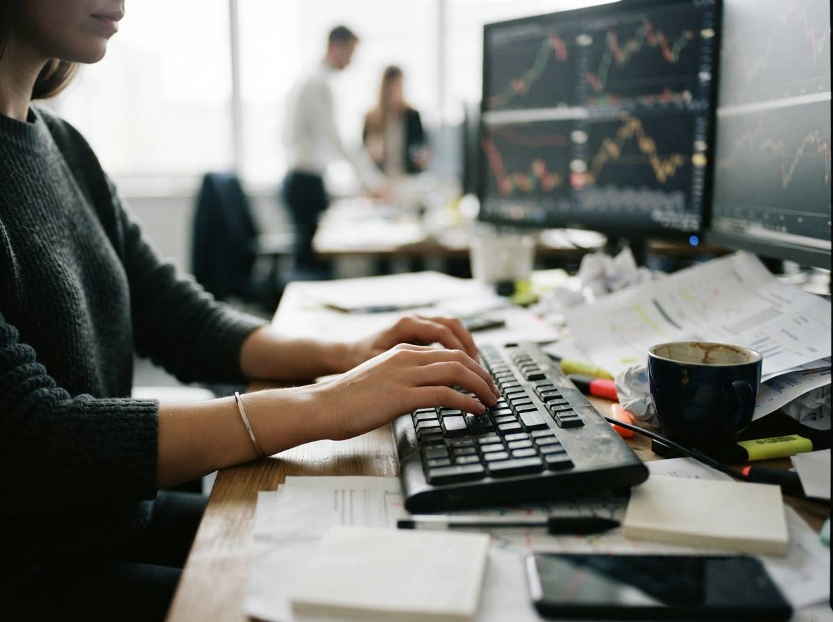 An analyst reviews oil and gold price charts across multiple desktop monitors.