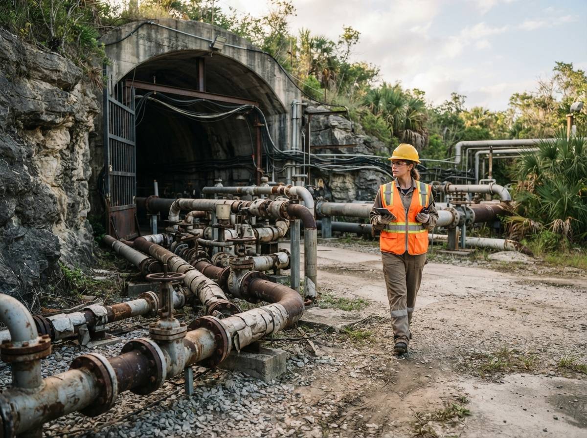 An engineer inspects pipes at a crude oil storage facility near the Gulf Coast.