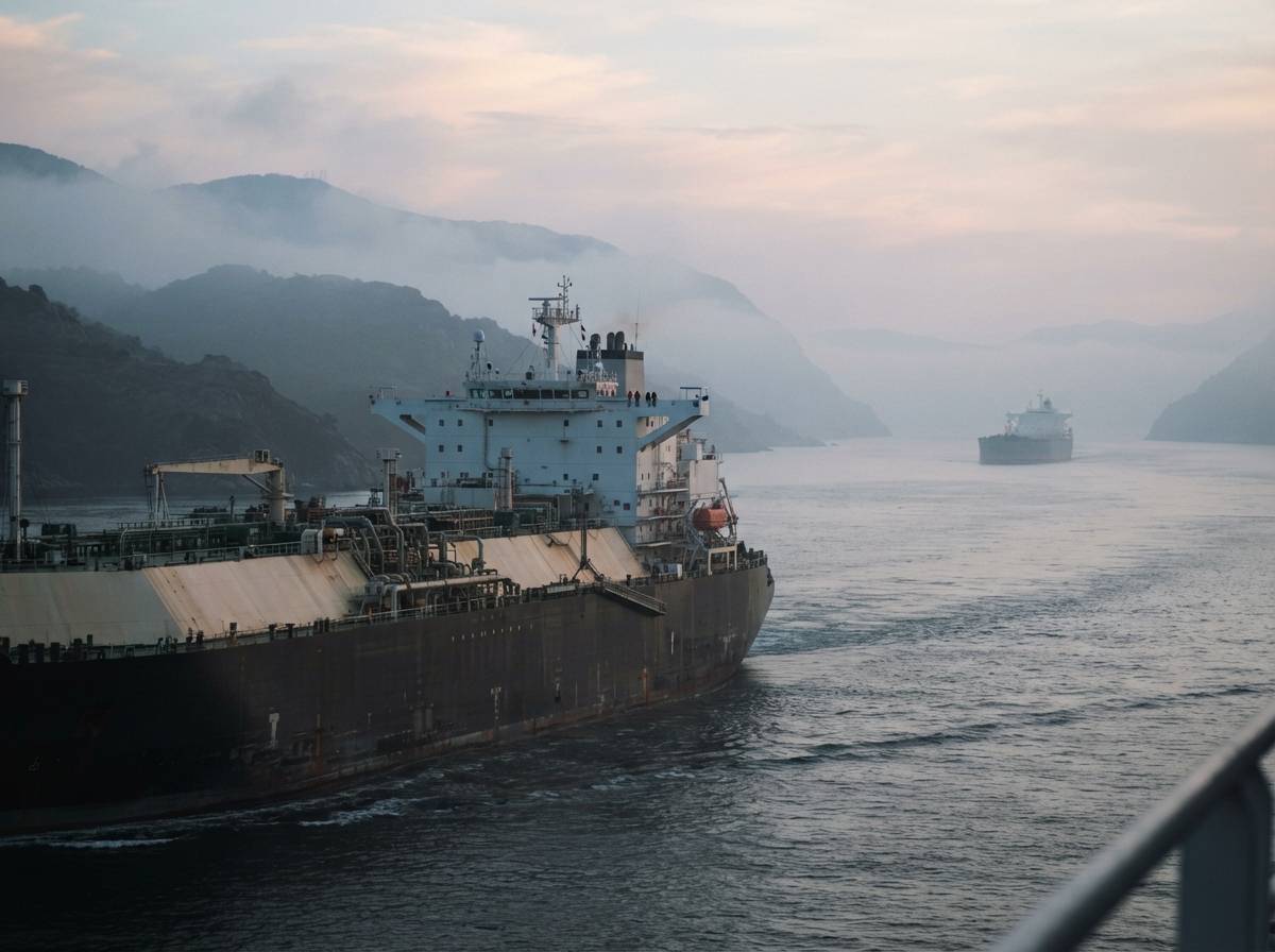 An LNG carrier ship moving through a narrow strait in early morning light.