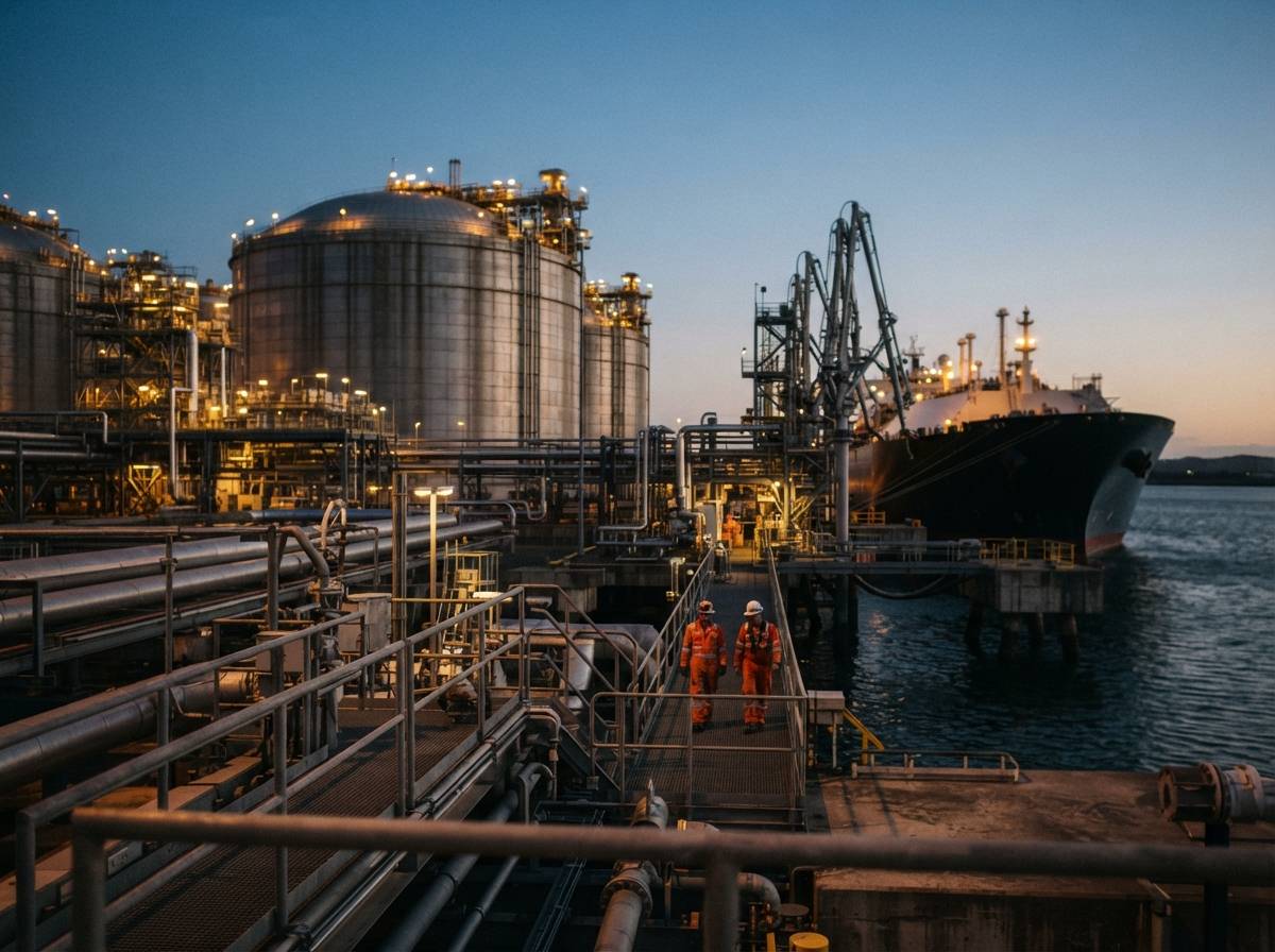 An LNG export terminal at dusk with storage tanks and a tanker ship in the background.