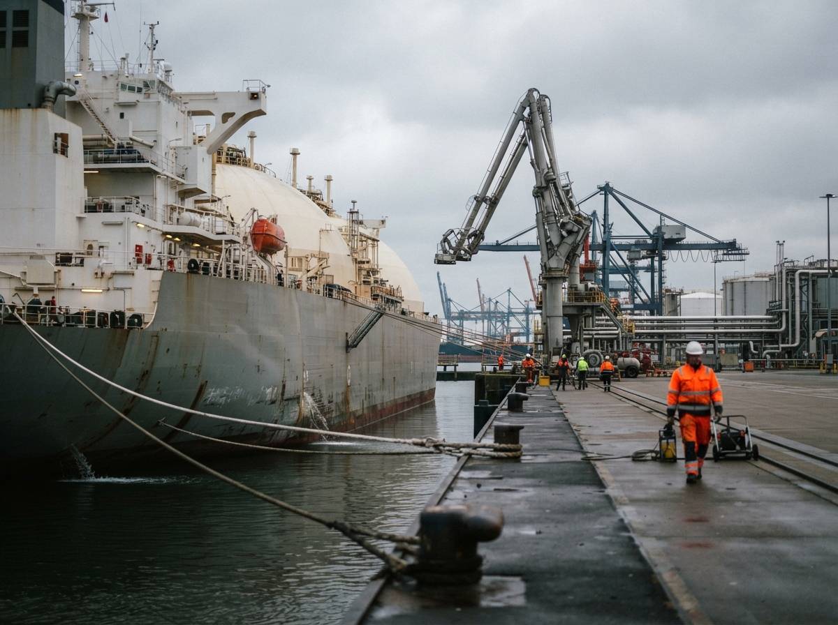 An LNG tanker docked at a port terminal with cranes and dock workers nearby.