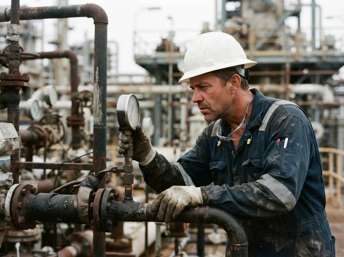 An oil refinery worker in a hard hat inspecting a pressure gauge on industrial piping.