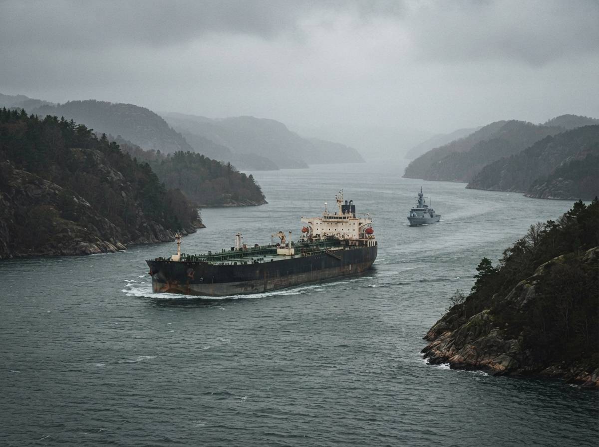 An oil tanker moves through a narrow shipping strait as a naval vessel patrols nearby under overcast skies.