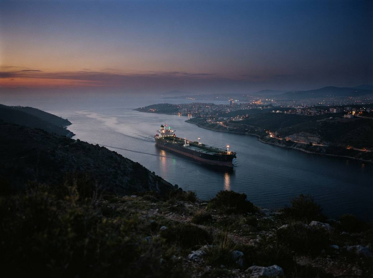 An oil tanker moves through a narrow strait as evening lights begin to appear along the coastline.