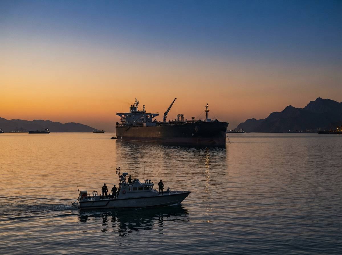 An oil tanker sits near the Strait of Hormuz as a patrol boat passes in the foreground at dusk.