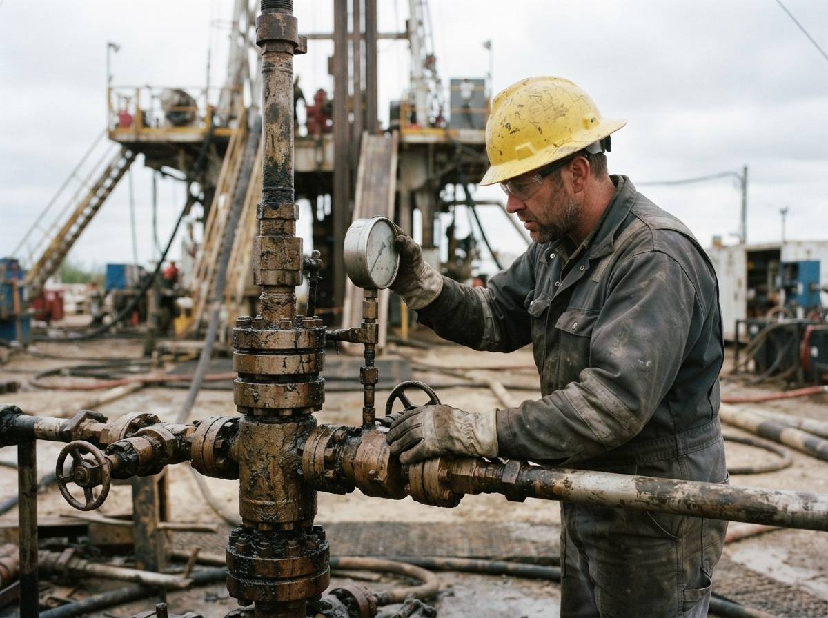 An oilfield worker in a hard hat inspecting equipment at a wellhead.