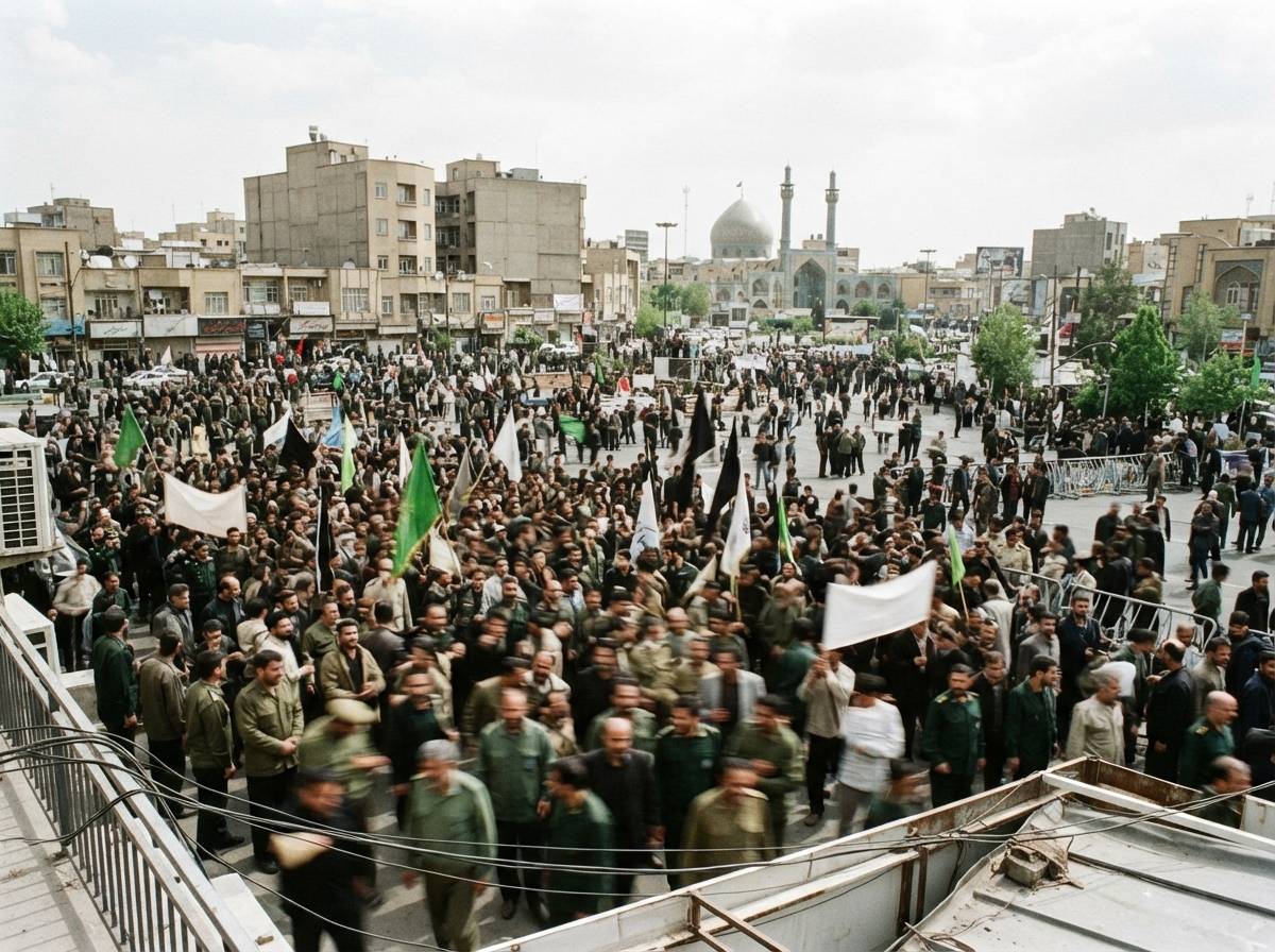 Basij paramilitary volunteers gather in a public square in Tehran during a daytime rally.16.5cm 16.5cm