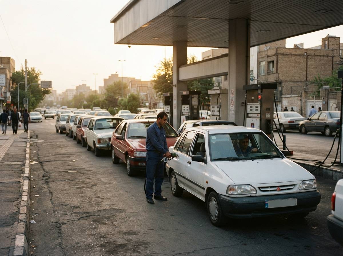 Cars queue at a Tehran gasoline station as an attendant works at a pump.