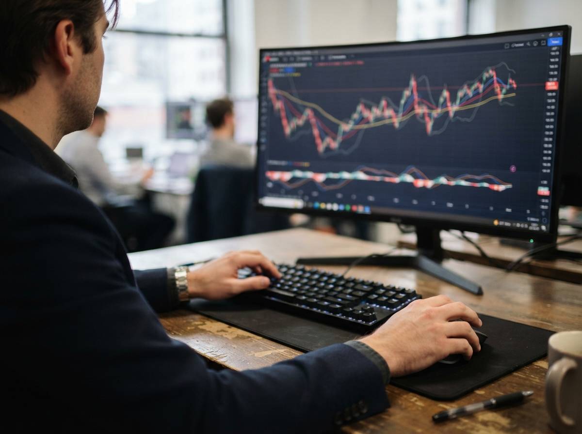 Close up of a trader's hands at a keyboard with an oil futures chart showing moving averages in the background.
