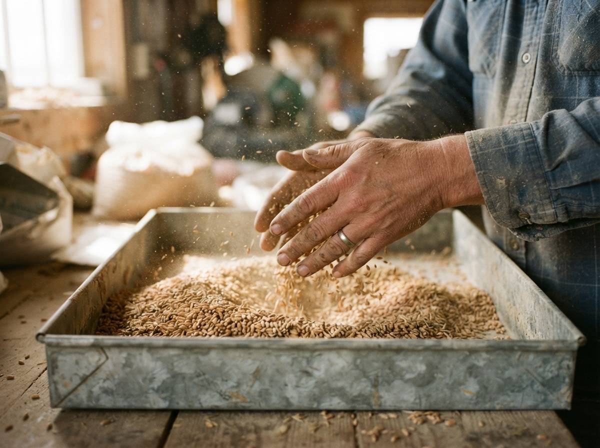 Close up of hands sorting freshly harvested wheat grains in a sample tray under natural light.