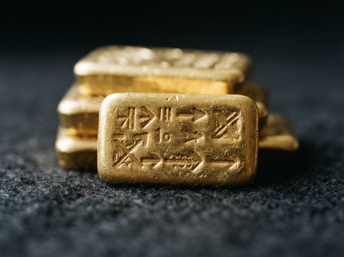 Close up of stamped gold bullion bars stacked on a dark surface.