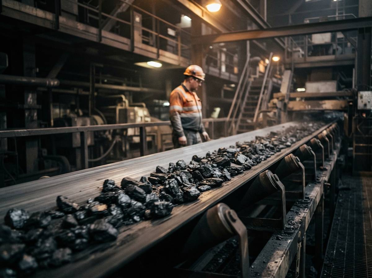 Coking coal moving along a conveyor belt at a processing facility with a worker inspecting it in the background.