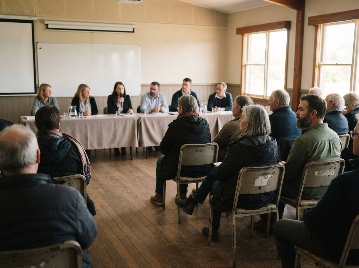 Community members attend a planning hearing about a proposed mine expansion.