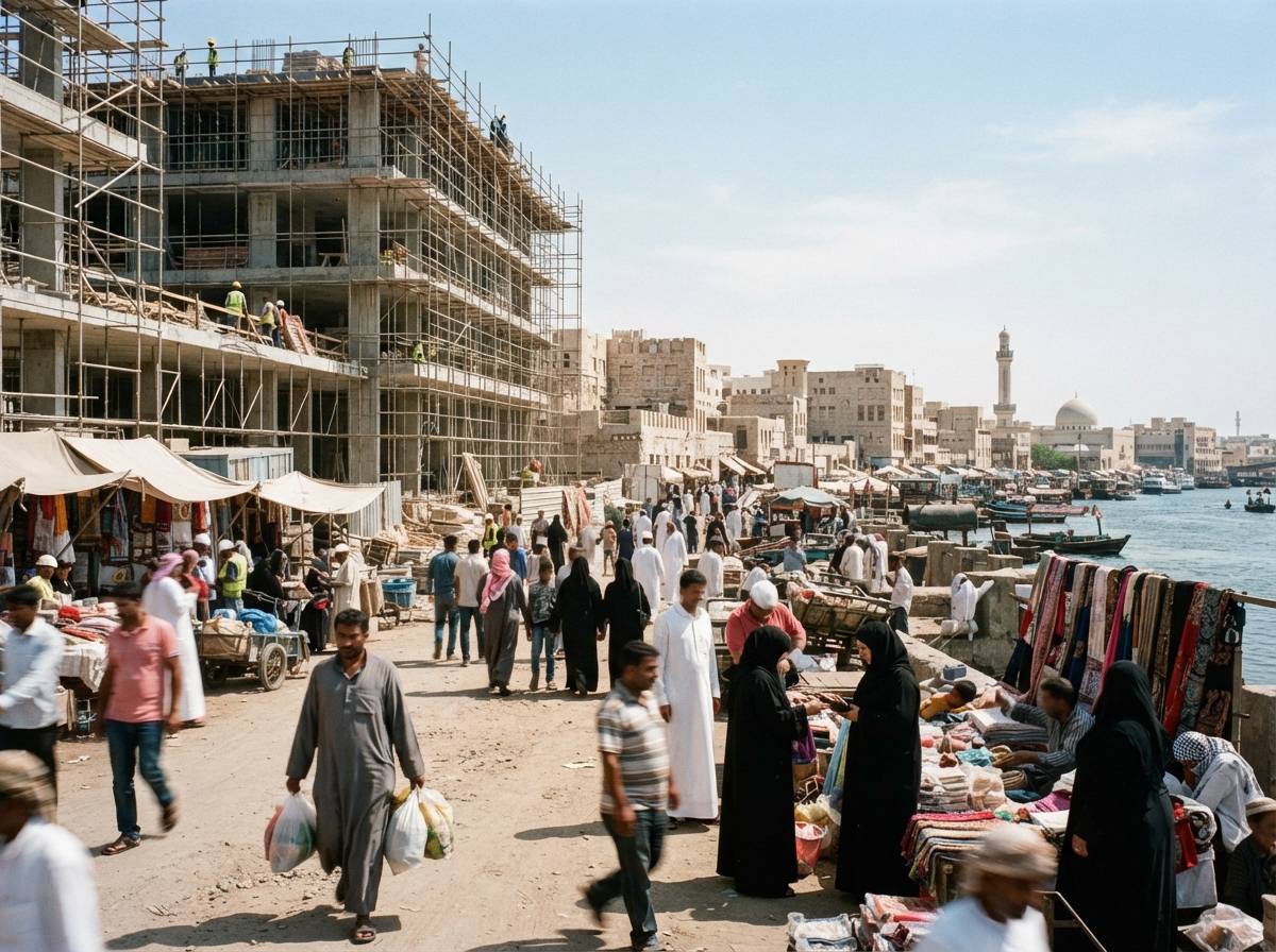 Construction workers build new tourism infrastructure in a Middle Eastern coastal city.