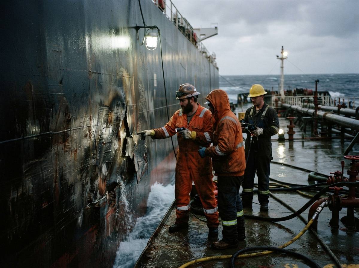 Crew members inspect damage on the hull of a tanker after an apparent strike.
