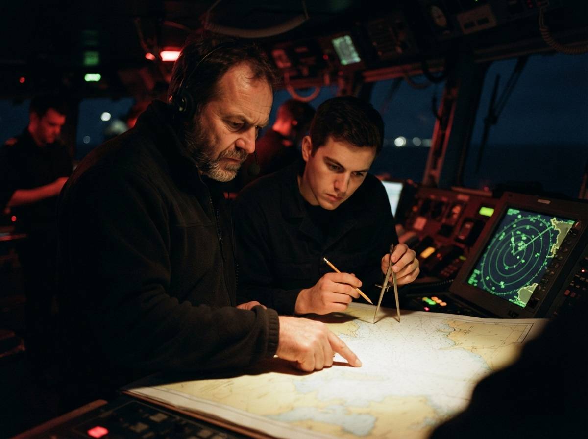 Crew members on a tanker's bridge review navigation instruments under dim nighttime lighting.