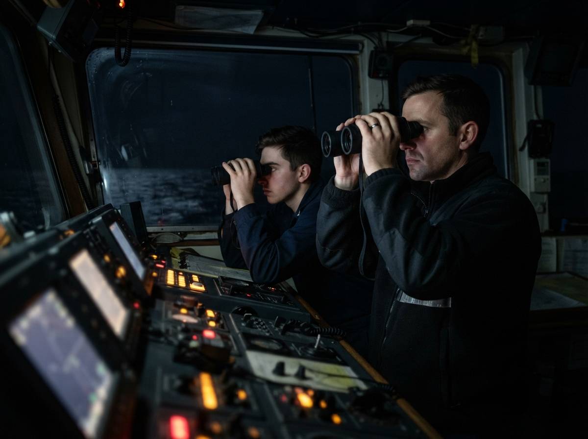 Crew members on a tanker's bridge scan the dark water at night through binoculars.