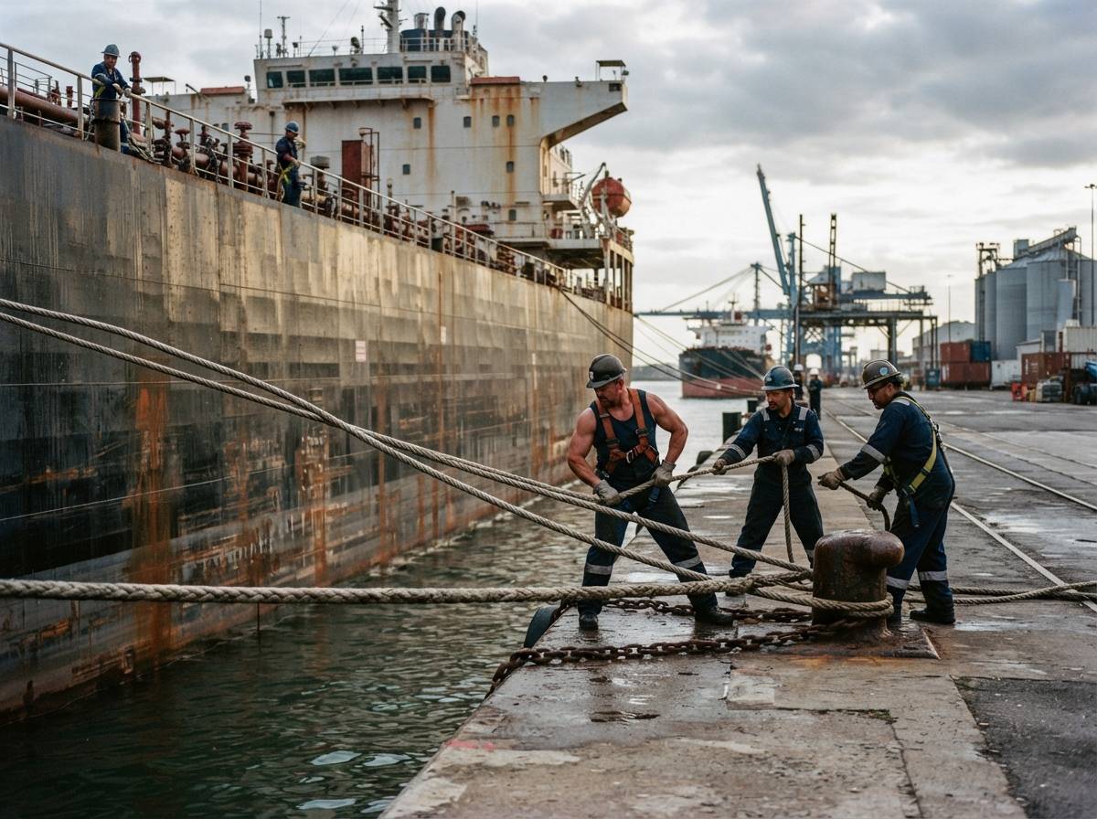 Crew members work on deck as a tanker is secured at a port.