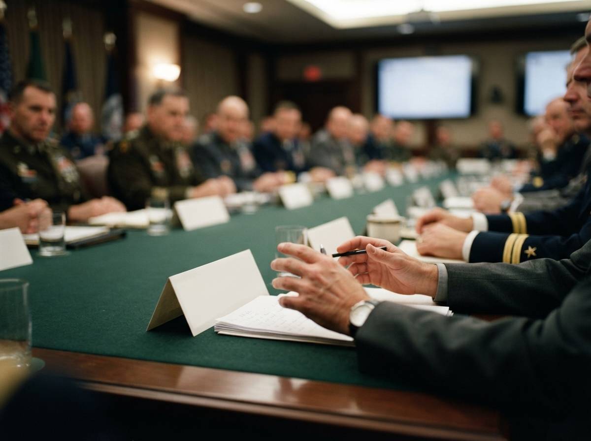 Diplomats and military officials sit around a conference table during a NATO defense meeting.