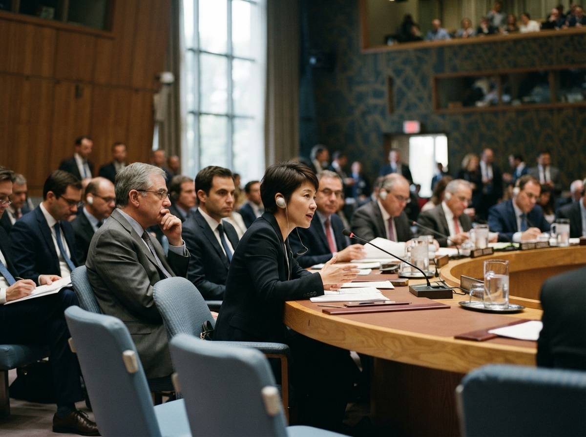 Diplomats listen during a Security Council meeting.