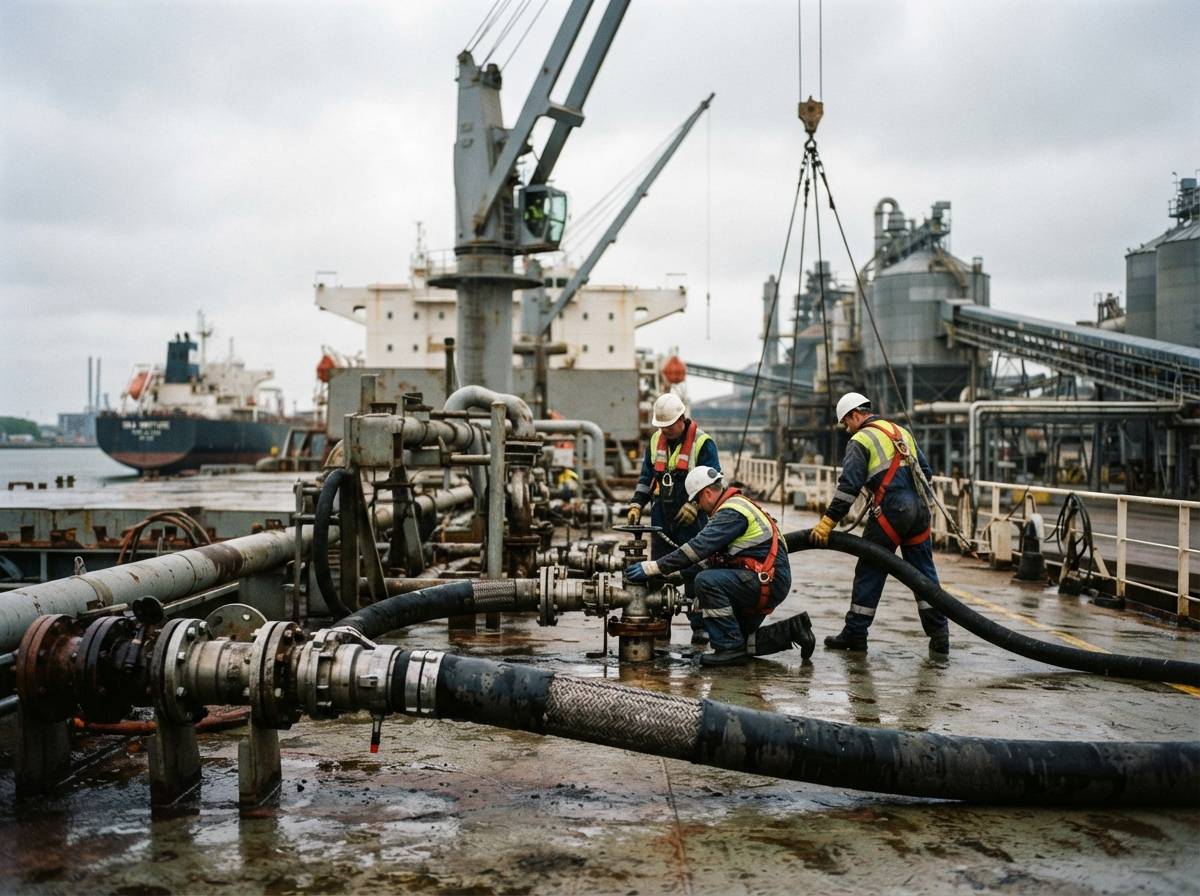 Dock workers and crane operators loading a tanker ship at an industrial port terminal.