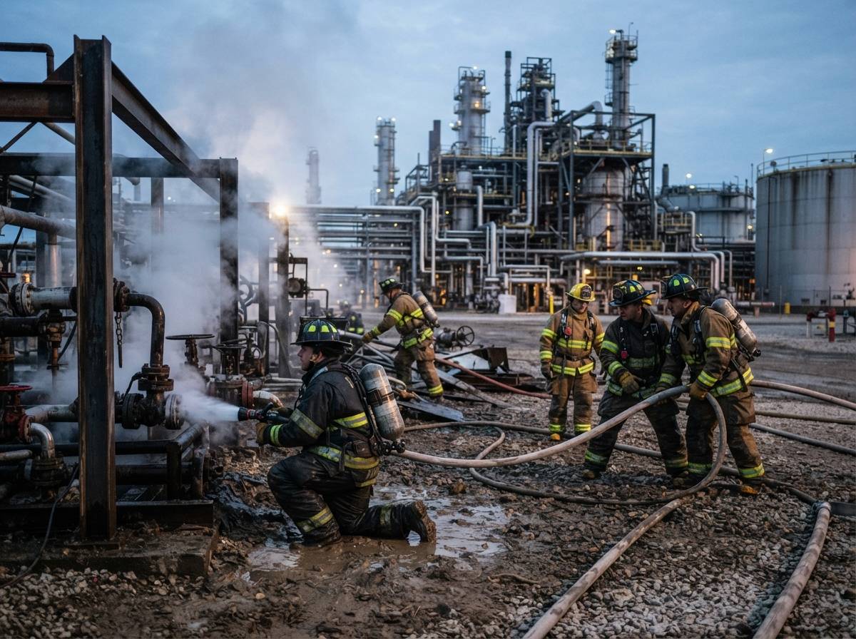 Emergency crews work near damaged equipment at a Russian refinery after an overnight fire.
