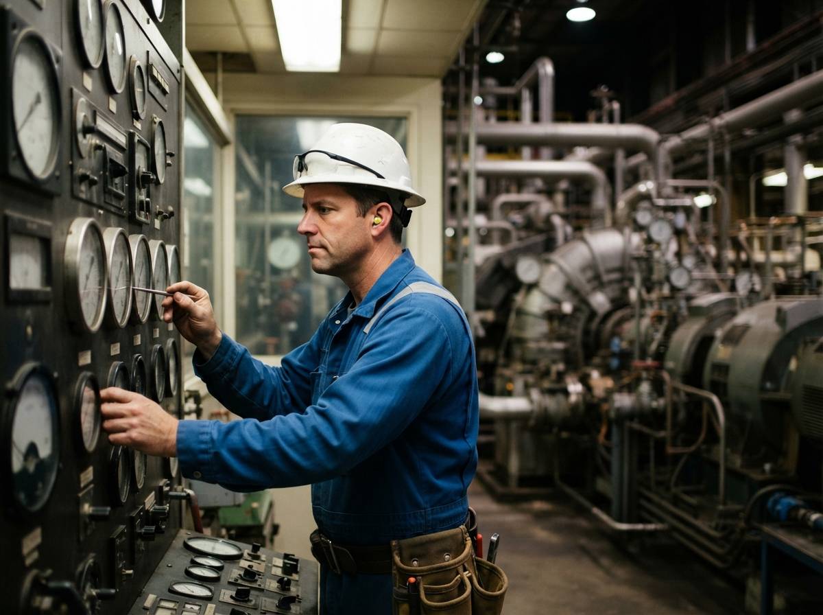 Engineer inspecting turbine gauges inside a natural gas power plant.