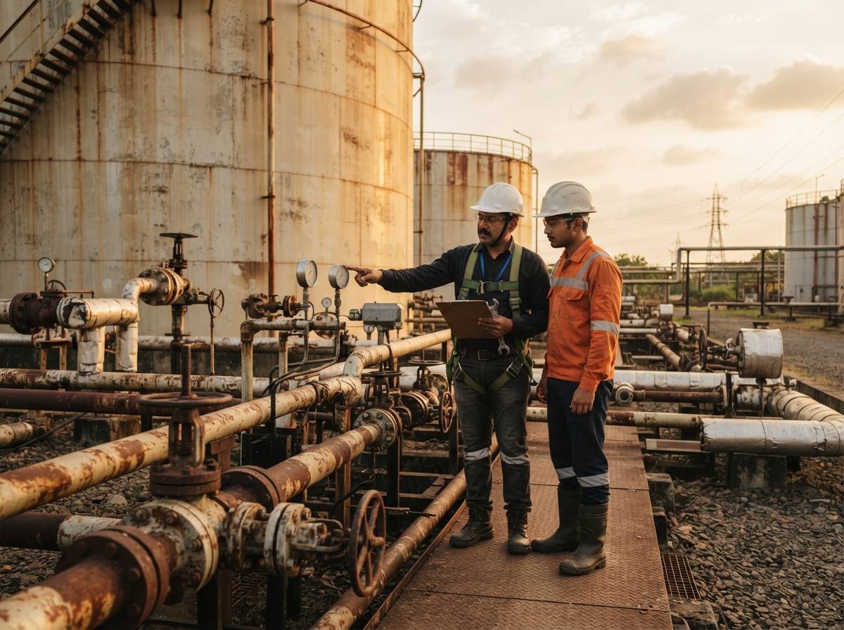 Engineers check pipeline valves at an oil storage facility in Karnataka.