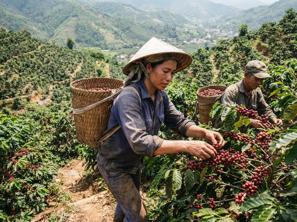 Farm workers hand pick ripe coffee cherries on a sunlit hillside plantation.