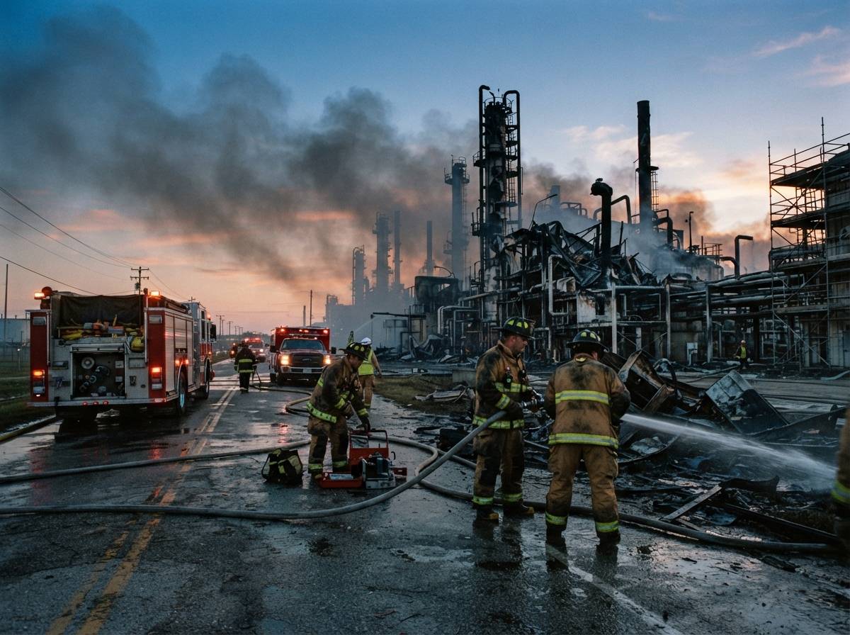 Firefighters and emergency vehicles work near a damaged refinery structure as smoke drifts through the early morning light.