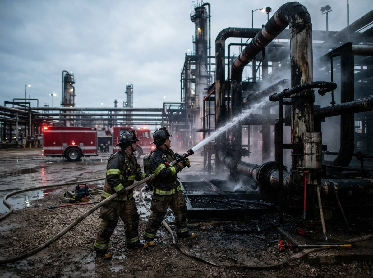 Firefighters work near scorched pipework at a damaged oil refinery installation.