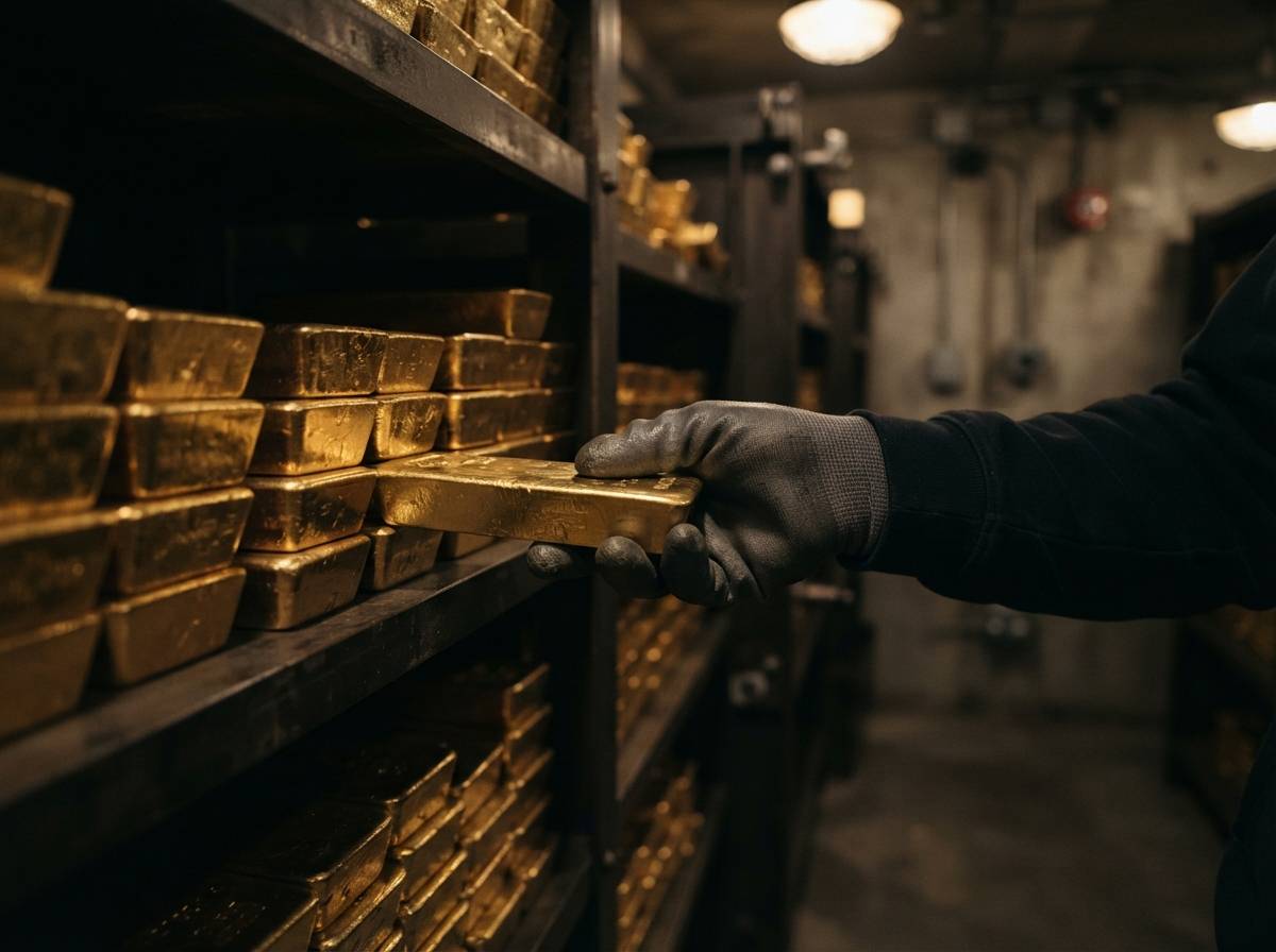 Gold bars stacked on shelves inside a secure storage vault.