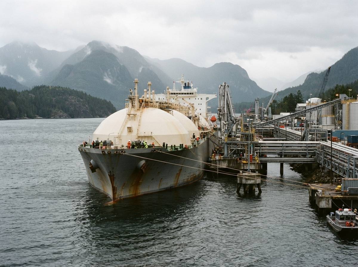 LNG carrier beside a coastal export terminal in British Columbia.