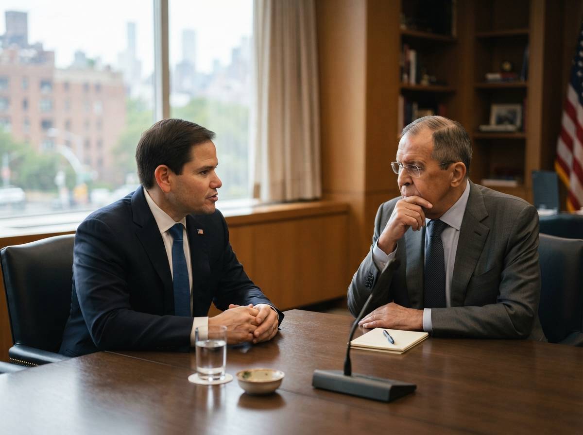 Marco Rubio and Sergei Lavrov seated across a table during a diplomatic meeting in New York.