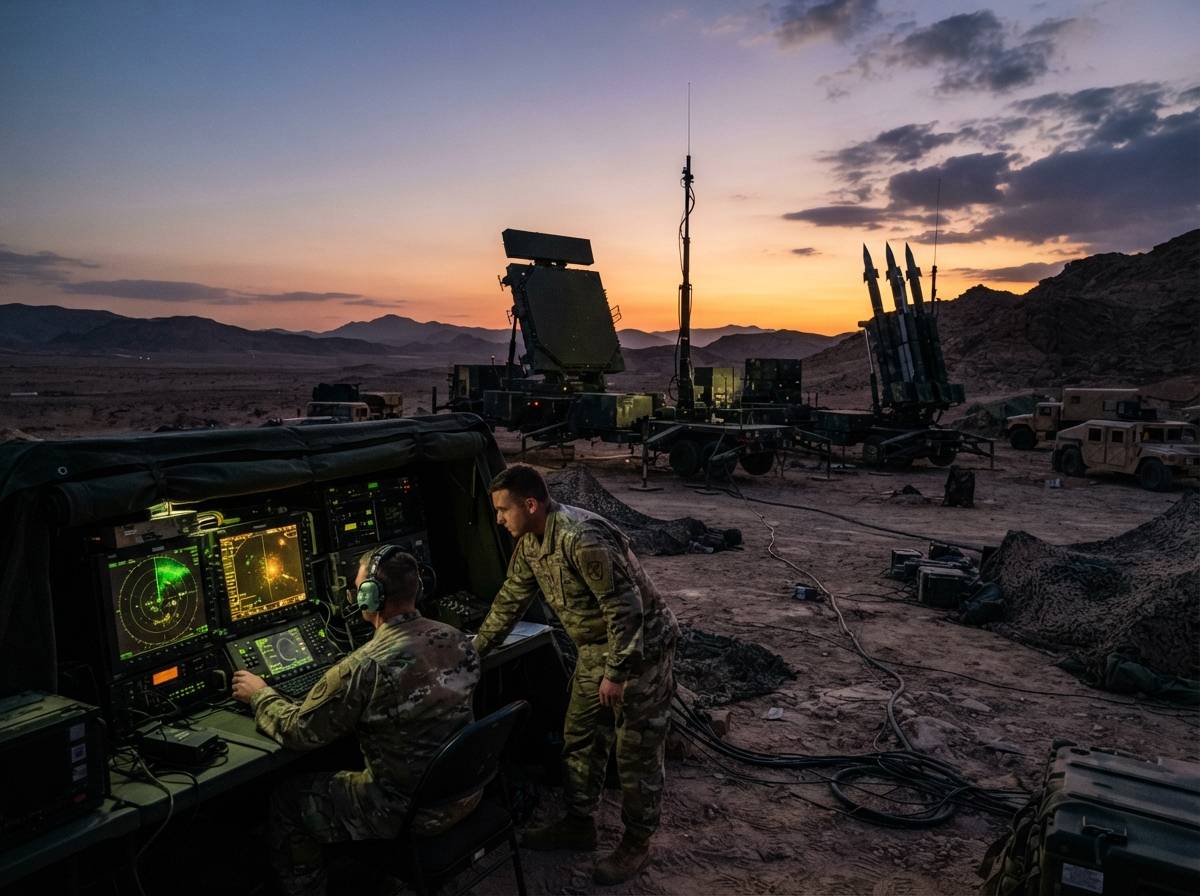 Military personnel operate a missile defense radar system in a desert setting at dusk.