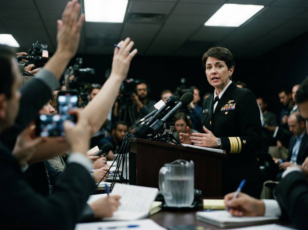 Military spokesperson briefing journalists at a podium during a press conference.
