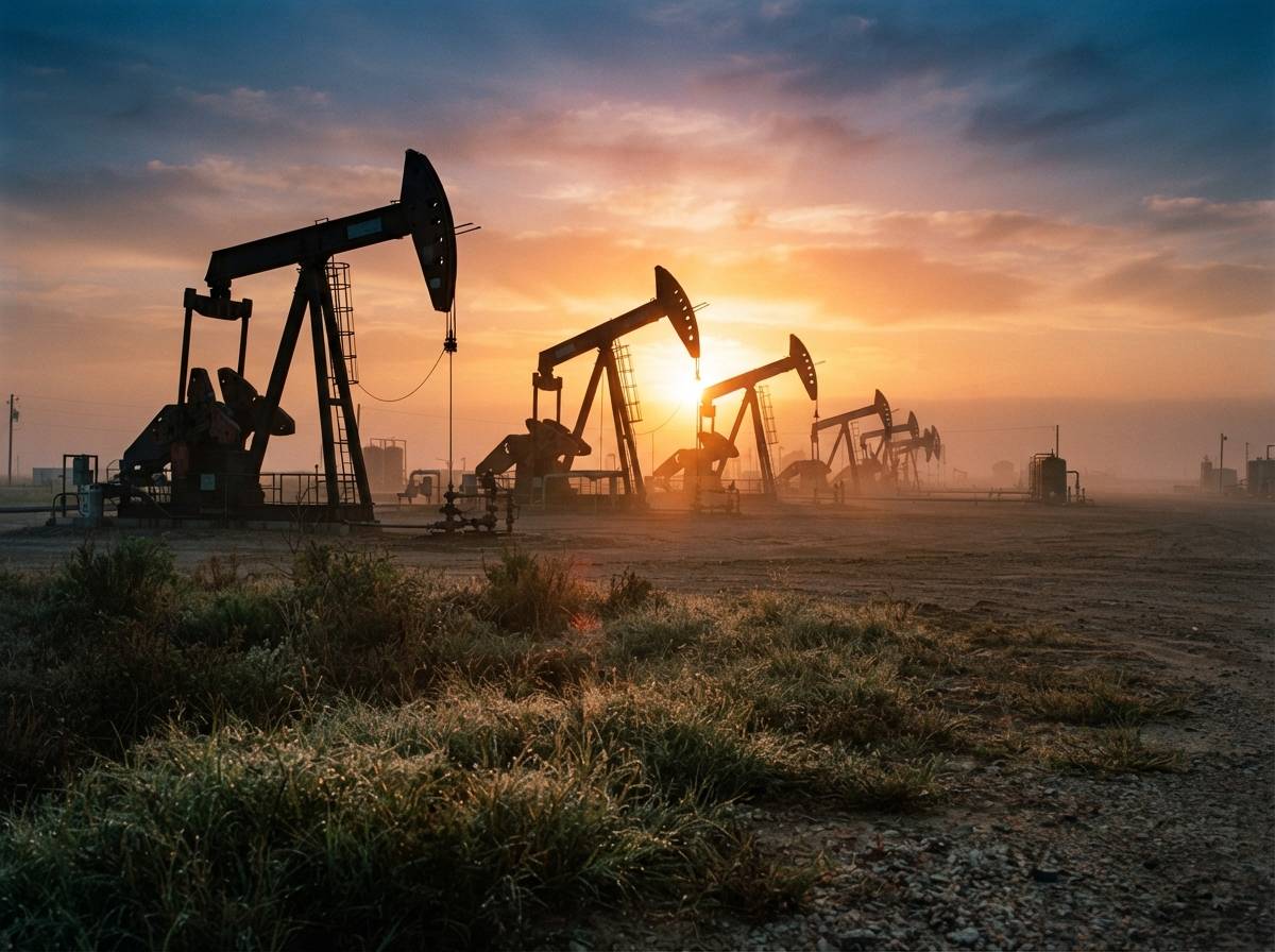 Oil pumpjacks stand in silhouette against a sunrise over a heavy oil field.