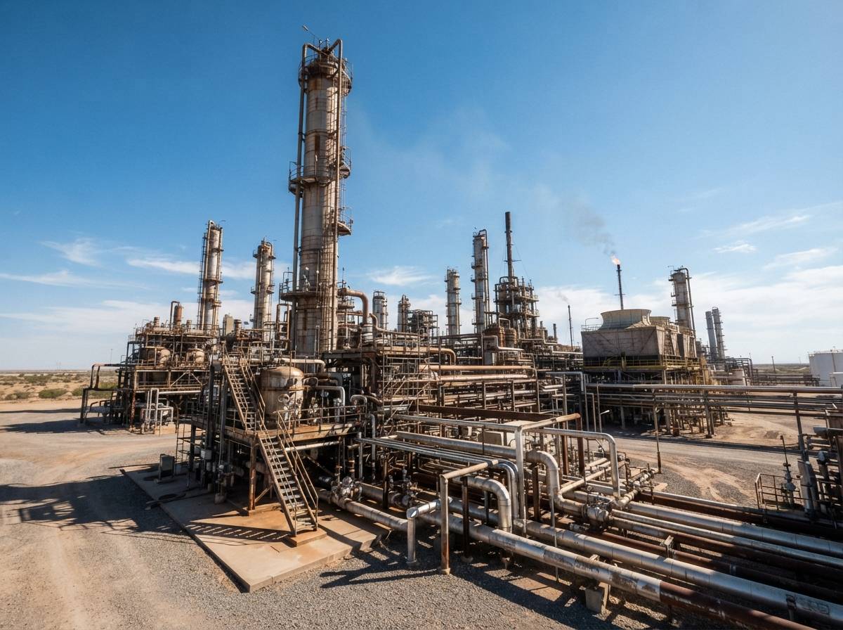 Oil refinery towers and pipelines under a clear desert sky.
