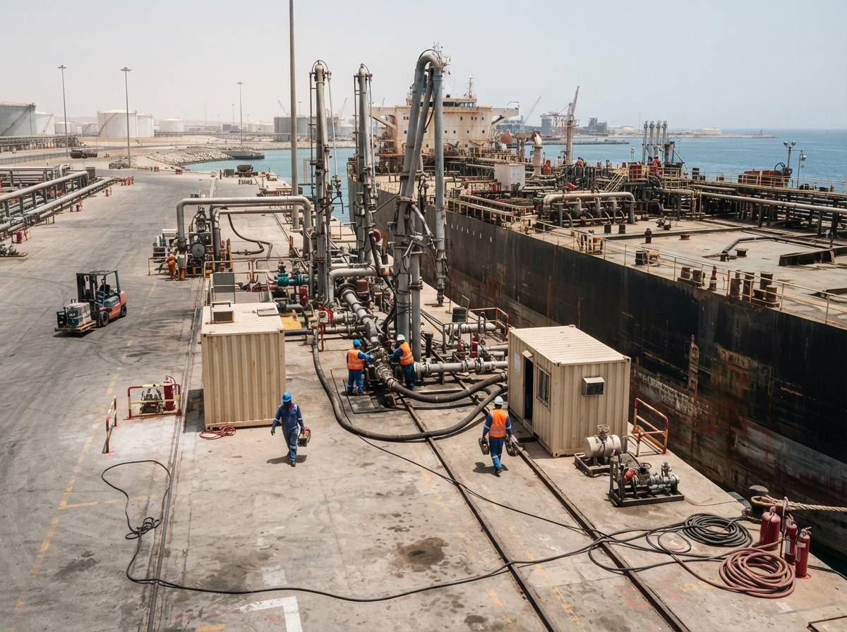 Port workers and loading equipment beside a crude tanker at Yanbu.