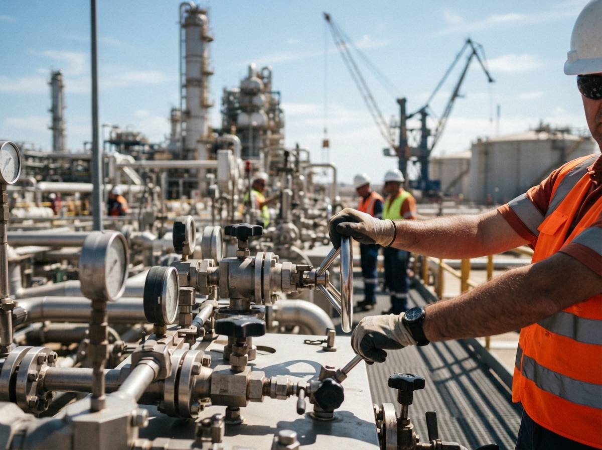 Port workers in high visibility gear operate equipment near pipelines at an LNG export terminal.