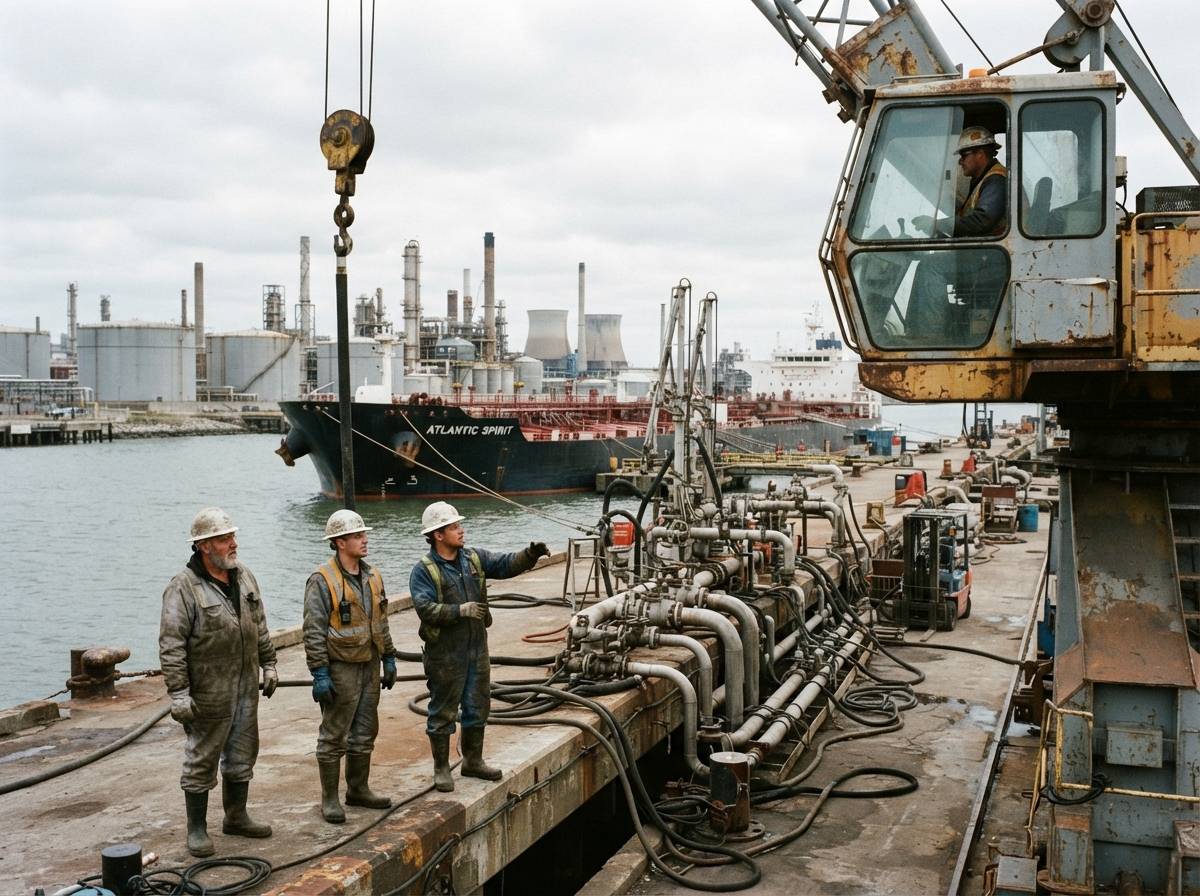 Port workers oversee the loading of crude oil onto a tanker at an industrial refinery terminal.