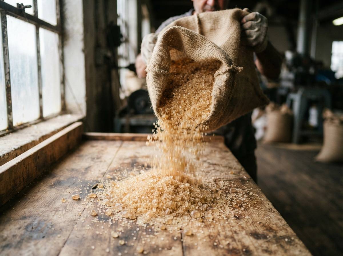 Raw sugar crystals being poured from a sack at a processing facility.