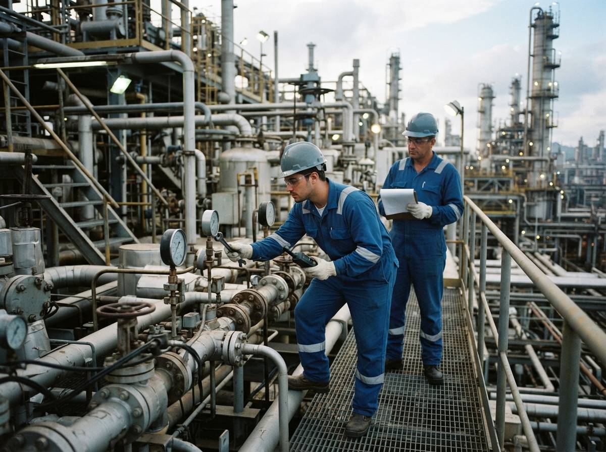 Refinery workers inspect industrial equipment at a Brazilian oil refinery.