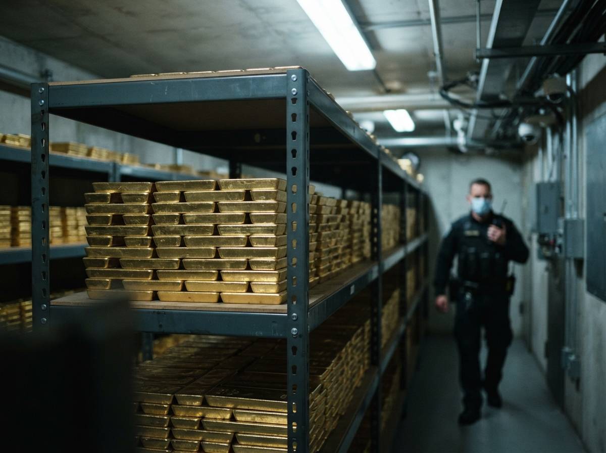 Rows of gold bars stacked on shelving inside a secure vault.