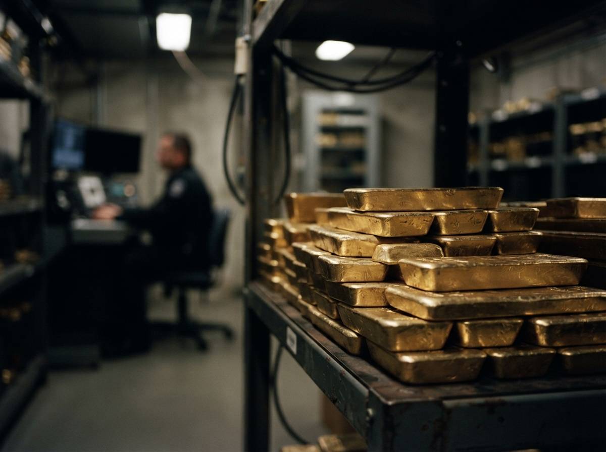 Stacked gold bullion bars sit inside a secure storage vault.