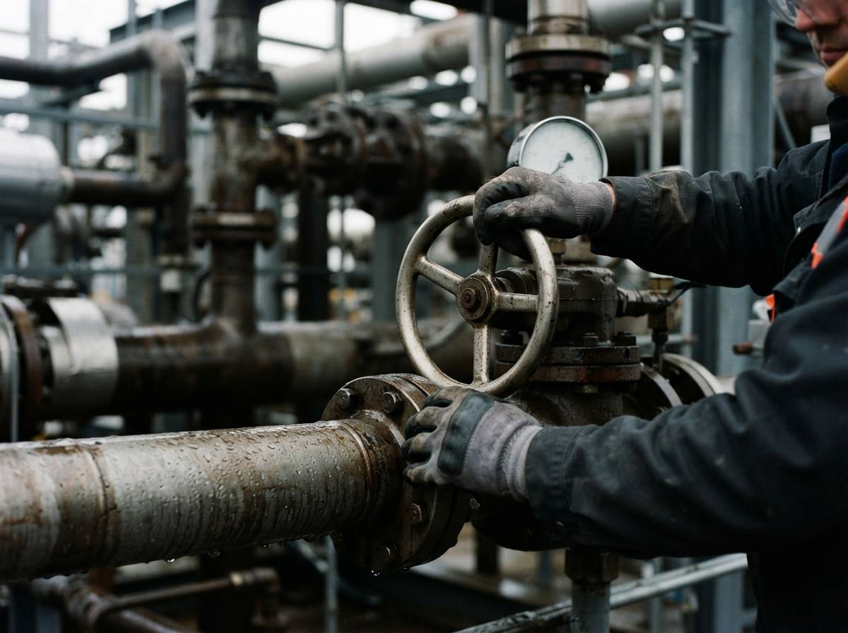 Technician adjusting a large metal gauge valve inside a natural gas storage terminal.